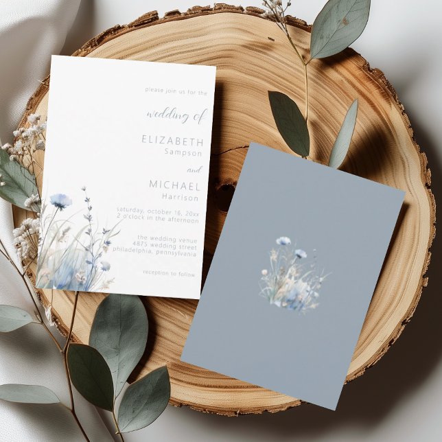 Dusty Blue Watercolor Wildflower Wedding Invitation (Creator Uploaded)