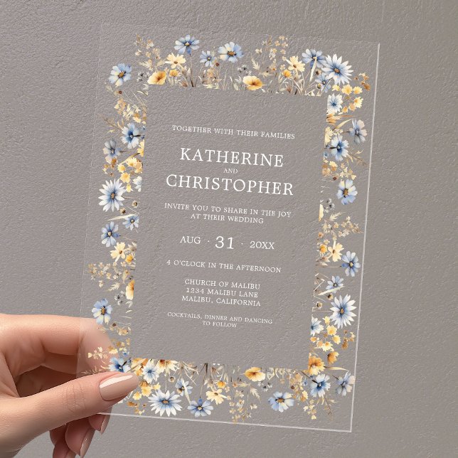 Dusty Blue Watercolor Wildflowers Elegant Wedding Acrylic Invitations (BOHO Dusty Blue Watercolor Wildflowers Elegant Clear Acrylic Wedding Invitation with White Text.)