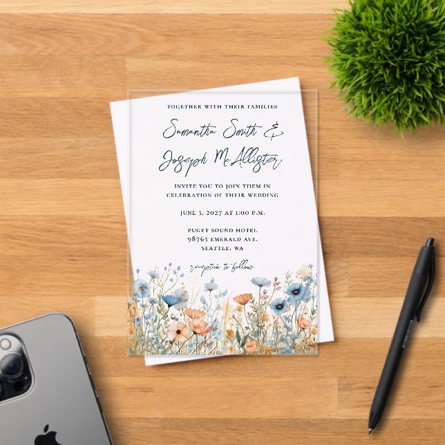 Dusty Blue Watercolor Wildflowers Wedding Acrylic Invitations (Insitu (Invitation Card))