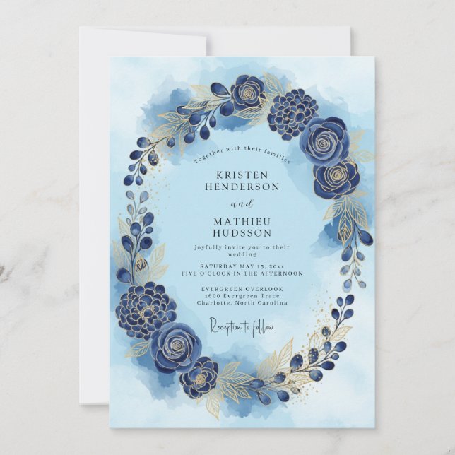Dusty Blue Watercolor Winter Wedding Invitation (Front)