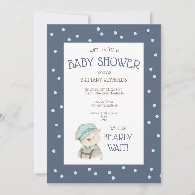 Dusty Blue Watercolor Woodland Bear Baby Shower Invitation (Front)
