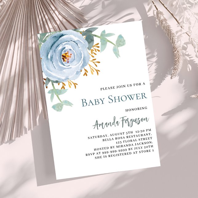 Dusty blue watercolored floral baby shower invitation (Creator Uploaded)