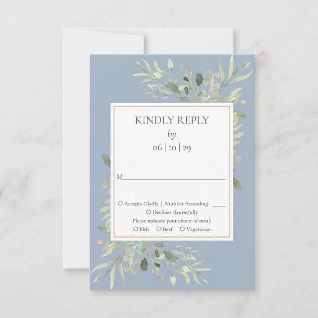 Dusty Blue Watercolour Greenery Wedding RSVP Card (Front)