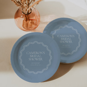 Dusty Blue   Wavy Scallop Border Bridal Shower Paper Plate