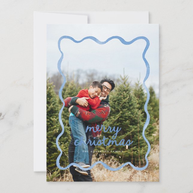 Dusty Blue Wavy Squiggle Border Holiday Photo Card (Front)