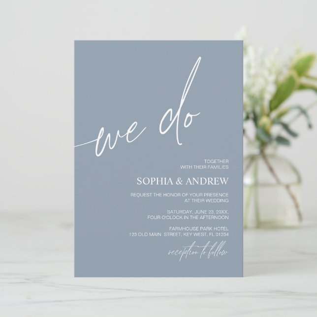 Dusty Blue We Do Minimalist Wedding Invitation (Standing Front)