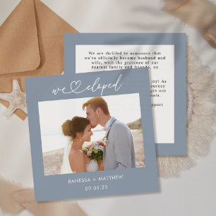Dusty Blue We Eloped Photo Heart Script Wedding Announcement