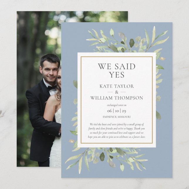 Dusty Blue We Said Yes Elopement Announcement (Front/Back)