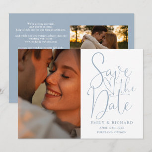 Dusty Blue Wedding 2 Photo QR Code Elegant Script Save The Date