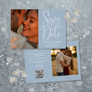 Dusty Blue Wedding 2 Photo QR Code Elegant Script Save The Date