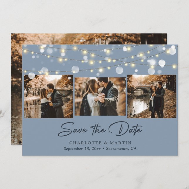 Dusty Blue Wedding 4 Photo Collage Save The Date (Front/Back)
