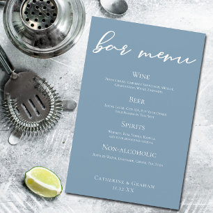 Dusty Blue Wedding Bar Menu w/ White Typography
