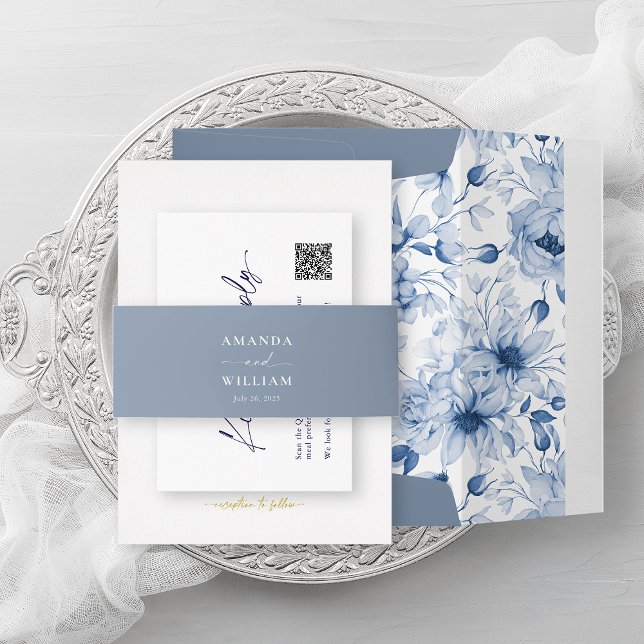 Dusty Blue Wedding Belly Band with Couple’s Names Invitation Belly Band (Creator Uploaded)