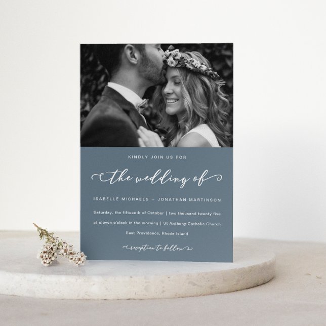 Dusty Blue Wedding Calligraphy and Photo Invitation (Creator Uploaded)