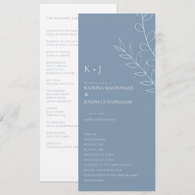 Dusty Blue Wedding Ceremony Minimalist Elegant  Programme (Front/Back)