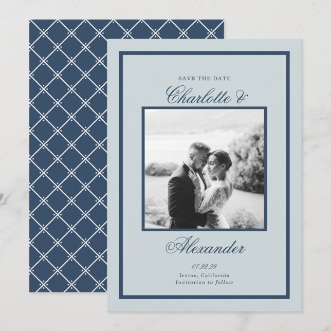 Dusty Blue Wedding Classic Script Save the Date Invitation (Front/Back)