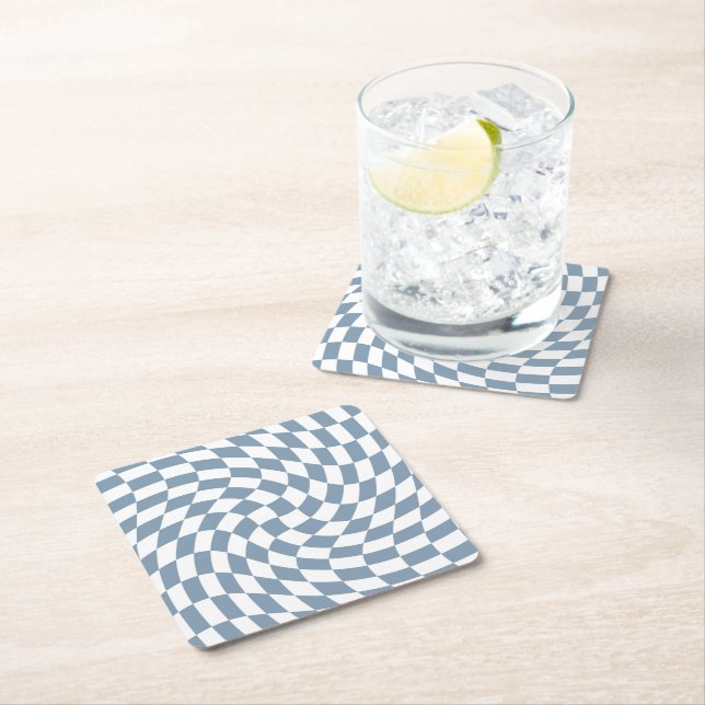 Dusty Blue Wedding Collection Check Chequered    Square Paper Coaster (Insitu)
