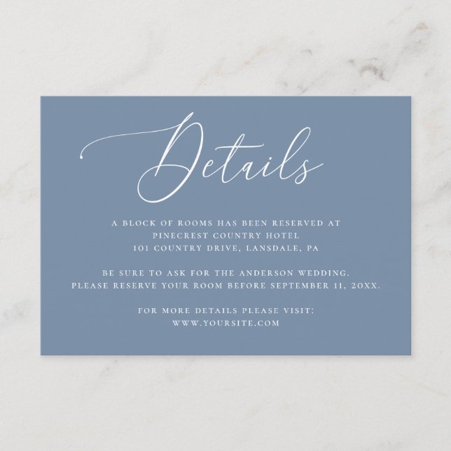 Dusty Blue Wedding Details | Coastal Accommodation Enclosure Card (Front)