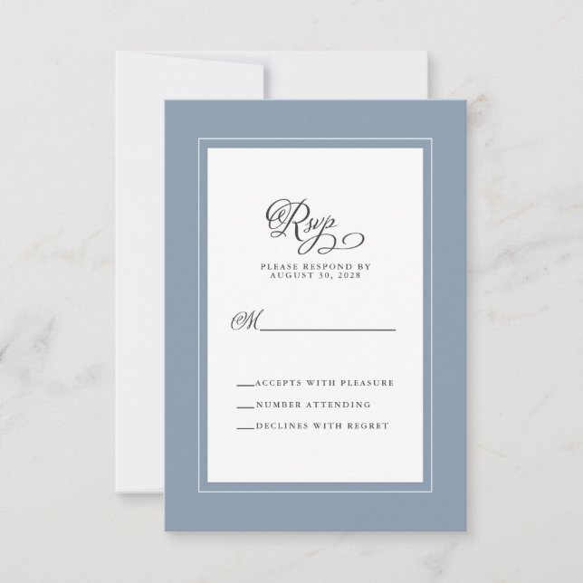 Dusty Blue Wedding Elegant Calligraphy Enclosure RSVP Card (Front)