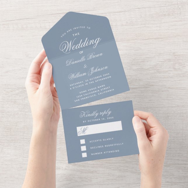 Dusty Blue Wedding Elegant Script Calligraphy RSVP All In One Invitation (Tearaway)