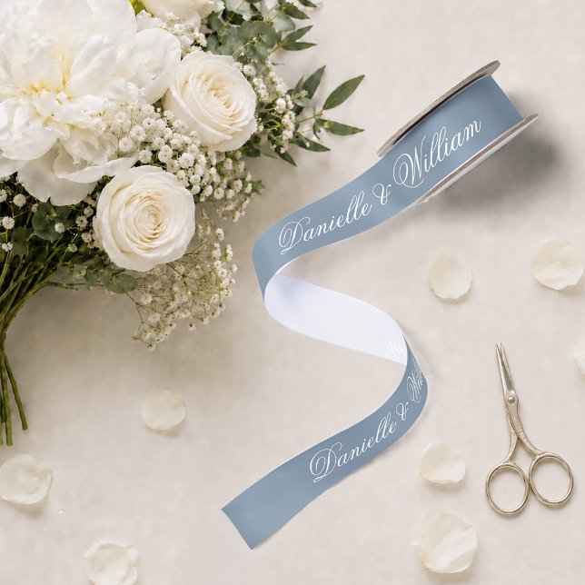 Dusty Blue Wedding Elegant Script Calligraphy Satin Ribbon (Creator Uploaded)