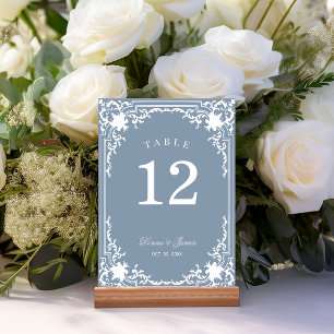 Dusty Blue Wedding Elegant Vintage White Frame Table Number