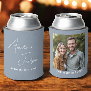 Dusty Blue Wedding Favour Photo Modern Minimalist Can Cooler