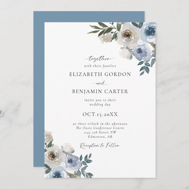 Dusty Blue Wedding Floral Elegant Script Rustic Invitation (Front/Back)