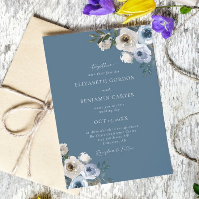 Dusty Blue Wedding Floral Elegant Script Rustic Invitation (Creator Uploaded)