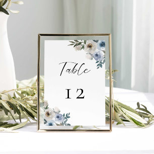 Dusty Blue Wedding Floral Elegant Simple Table Number