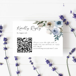 Dusty Blue Wedding Floral Kindly Reply QR Code RSVP Card