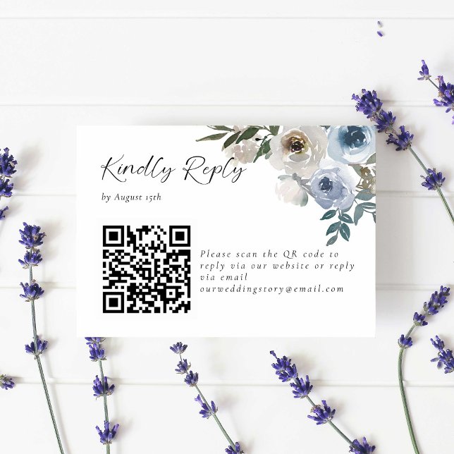 Dusty Blue Wedding Floral Kindly Reply QR Code RSVP Card (Creator Uploaded)