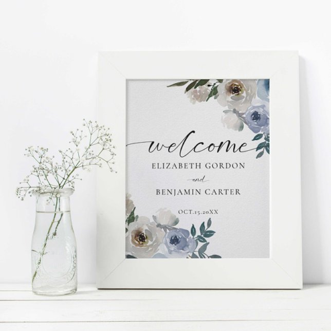 Dusty Blue Wedding Floral Welcome Elegant Poster (Creator Uploaded)