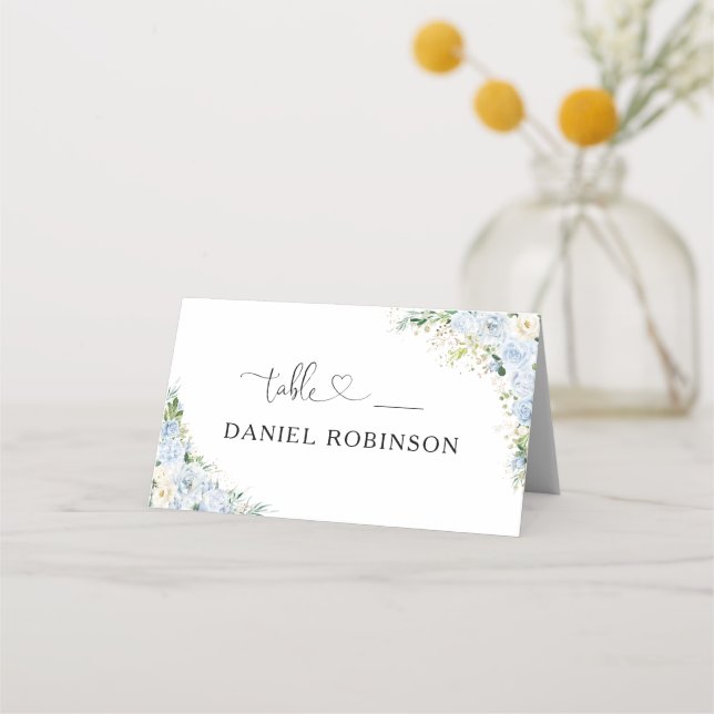 Dusty Blue Wedding Folded Place Card (Front)