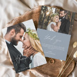 Dusty Blue Wedding Handwritten Thank You 2 Photos<br><div class="desc">Wedding Handwritten Thank You Cards that have a photo on the front and back. The Fall,  Autumn,  Spring,  Summer and Winter Thank you cards contain a modern white and Black hand lettered cursive script typography that are elegant,  simple and modern to use after you minimalist simple wedding day celebration.</div>