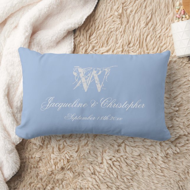 Dusty Blue Wedding Keepsake Monogram Script Names  Lumbar Cushion (Blanket)