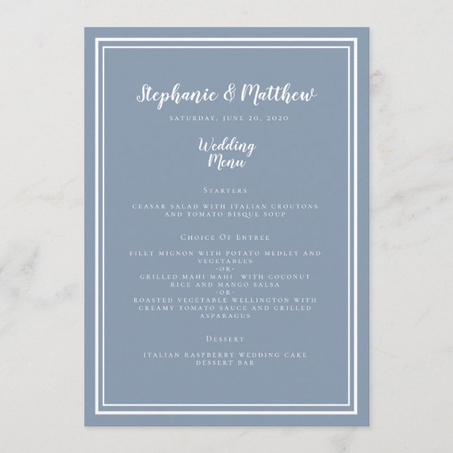 Dusty Blue Wedding Menu Simple Framed Chic (Front)