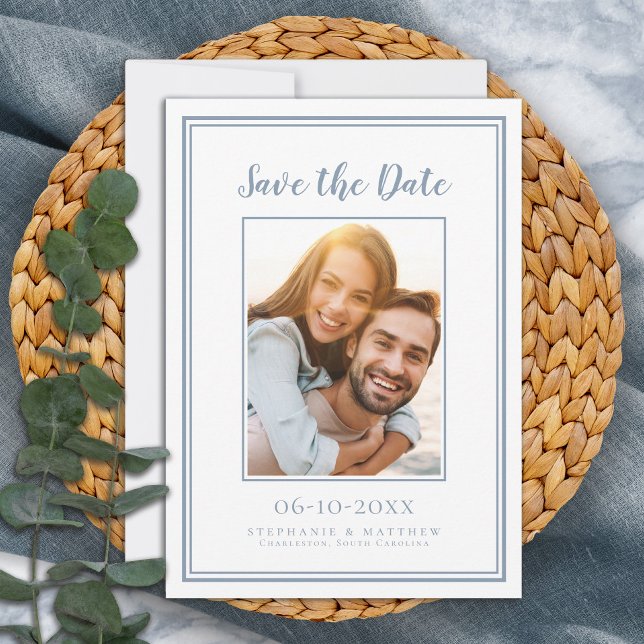 Dusty Blue Wedding Minimalist Engagement Picture Save The Date (Creator Uploaded)