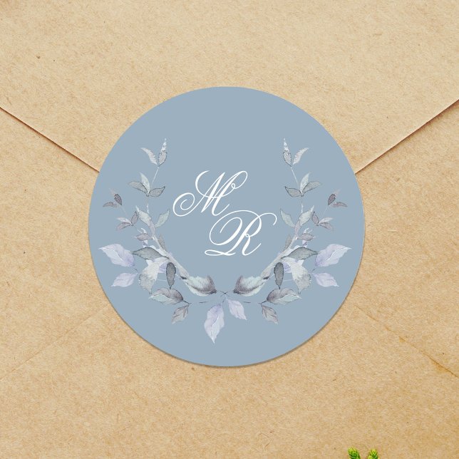 Dusty Blue Wedding Monogram Custom Classic Round Sticker (Wedding Dusty Blue Monogram Sticker Template.)