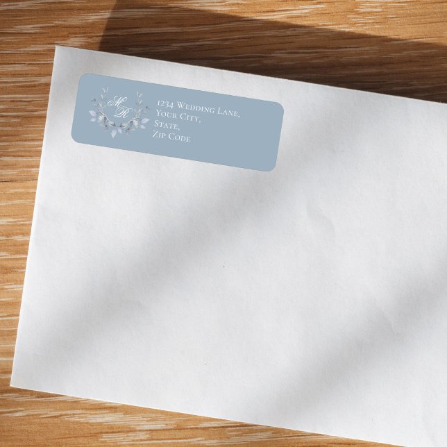 Dusty Blue Wedding Monogram Floral Script (Dusty blue floral monogram return address label on envelope, soft romantic wedding style)