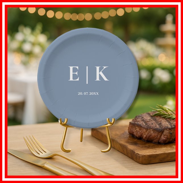 Dusty Blue Wedding | Monogram Paper Plate (Creator Uploaded)
