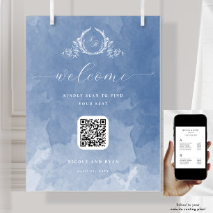 Dusty Blue Wedding Monogram QR code Seating Sign