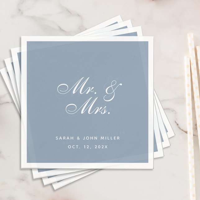 Dusty Blue Wedding Mr. and Mrs. White Calligraphy Napkin (Creator Uploaded)