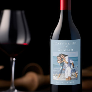 Dusty Blue Wedding Personalized Couple Photo Wine Label