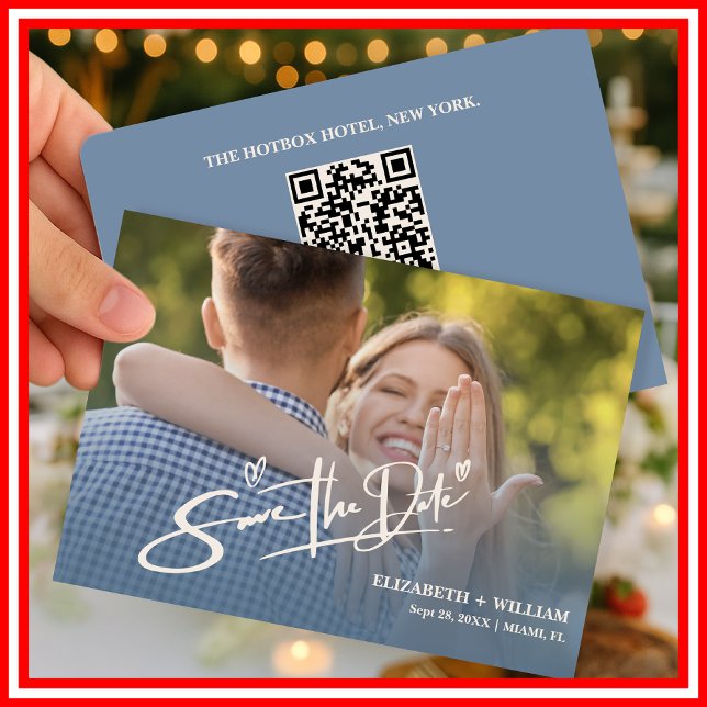 Dusty Blue Wedding Photo QR Code Elegant Save The Date (Creator Uploaded)