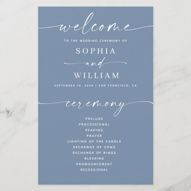 Dusty Blue Wedding Program | Coastal Ceremony (Front)