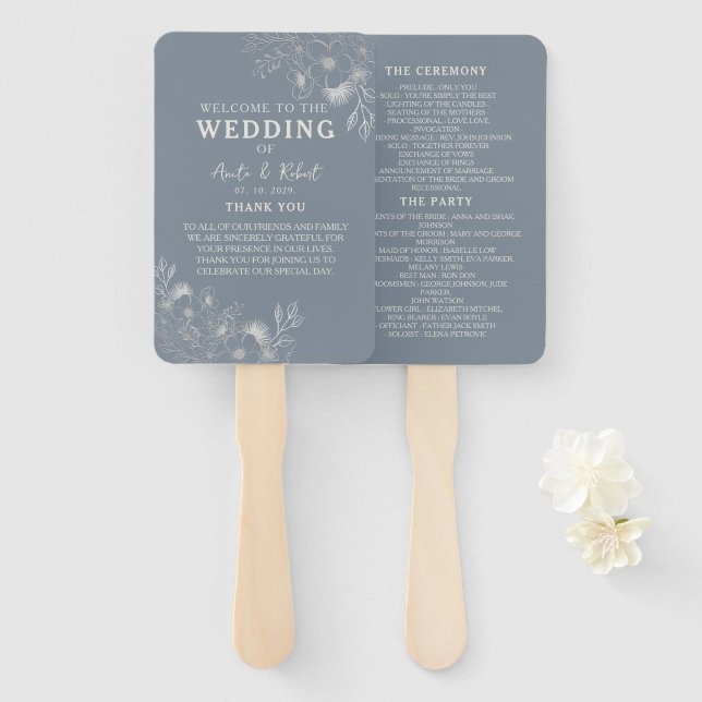 Dusty Blue Wedding Program Hand Fan (Front and Back)