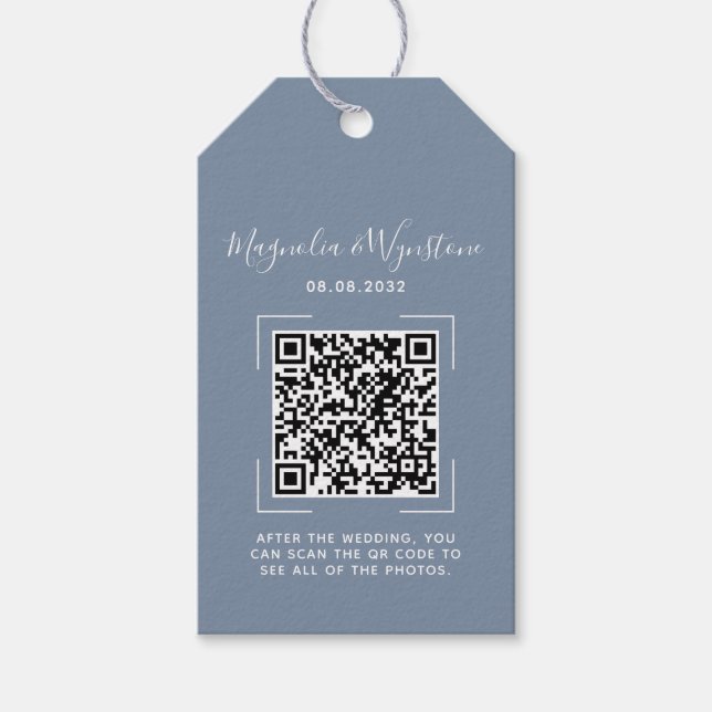 Dusty Blue Wedding QR Code Favour Tag (Front)