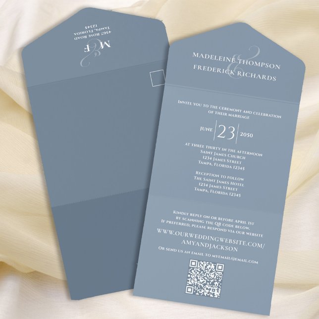 Dusty Blue Wedding QR Code RSVP  All In One Invitation (Creator Uploaded)