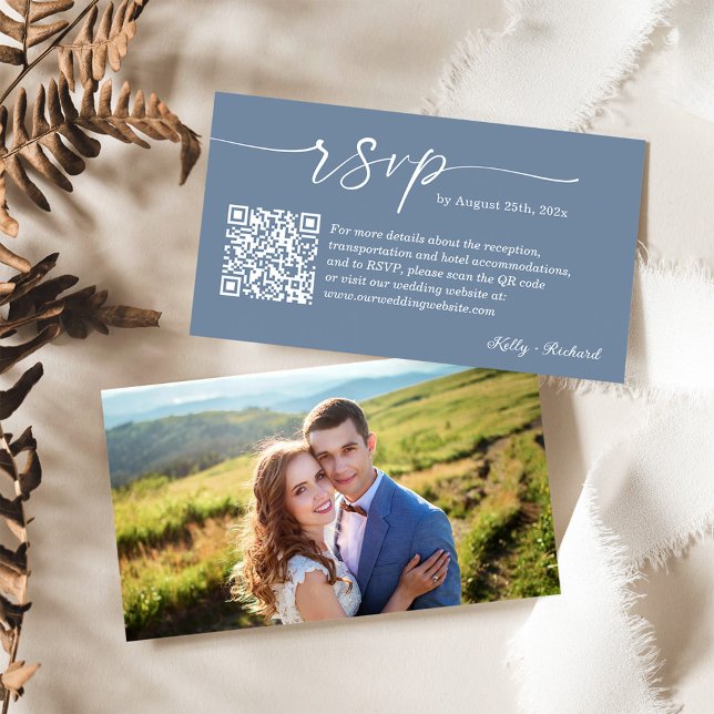 Dusty Blue Wedding RSVP Website QR Code Photo Enclosure Card (Creator Uploaded)